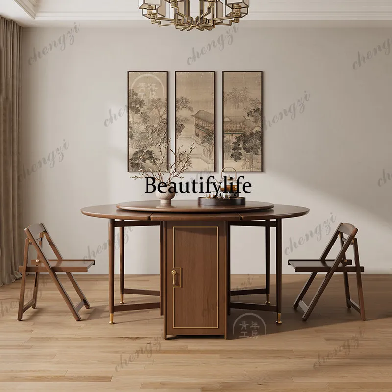 

Folding round dining table, small apartment solid wood dining table, storage Nordic all solid wood round table