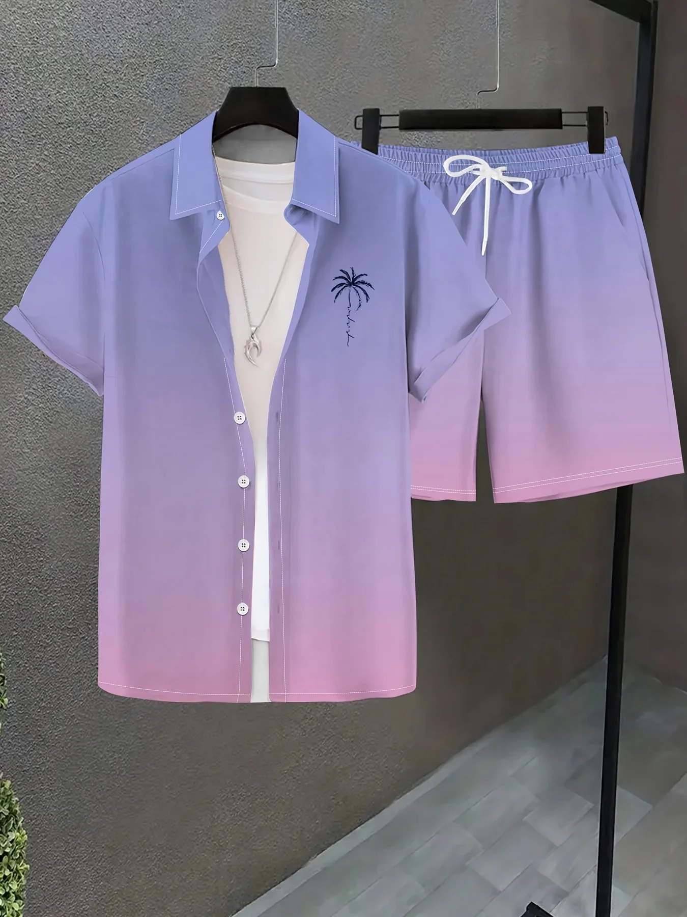 

Мужские шорты и рубашка с градиентным принтом, комплект из 2 предметов, летняя пляжная одежда с завязками на талии, повседневная одежда, тропический принт, азиатский размер