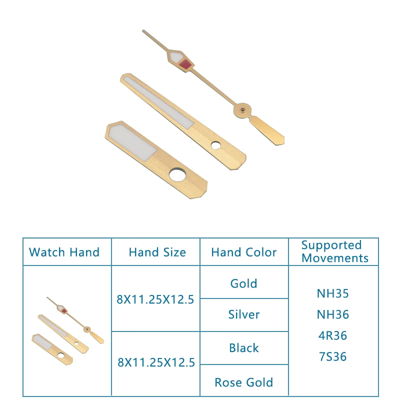 Seiko-LED照明付きの緑の時計製造用の手,手動ブレスレット,交換部品nh35,nh36,4r,7s,8x11.25x12.5mm