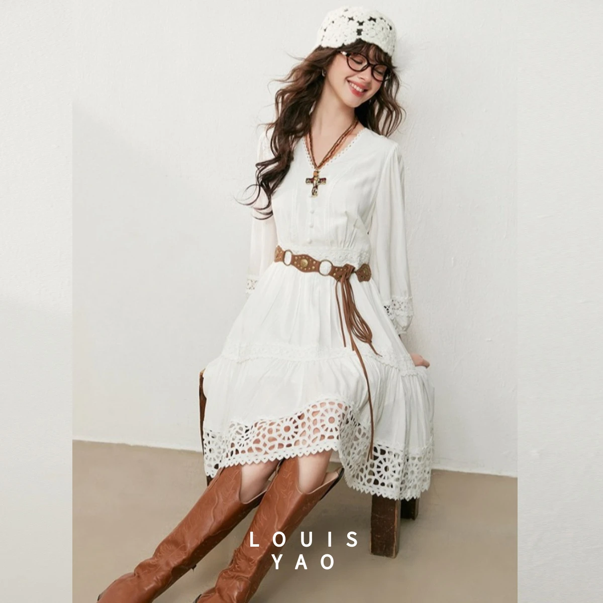 

LOUISYAO Women's V-Neck Slim Fit White Midi Dress 2026 Spring Autumn Non-Stretchy Pullover Lace Splicing Women's Dress