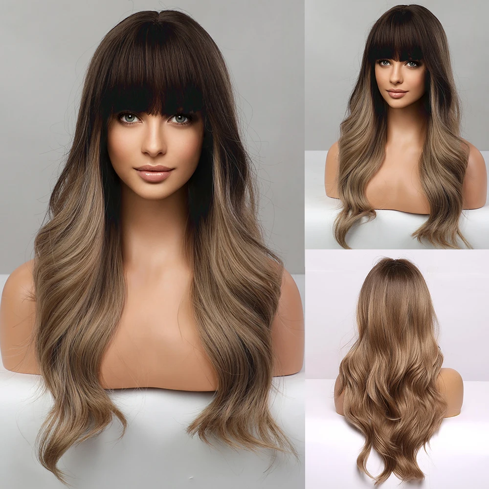 GEMMA Long Water Wavy Synthetic Wigs with Bangs Ombre Dark Brown Cosplay Hair Wig for Women African Heat Resistant Fiber Wig