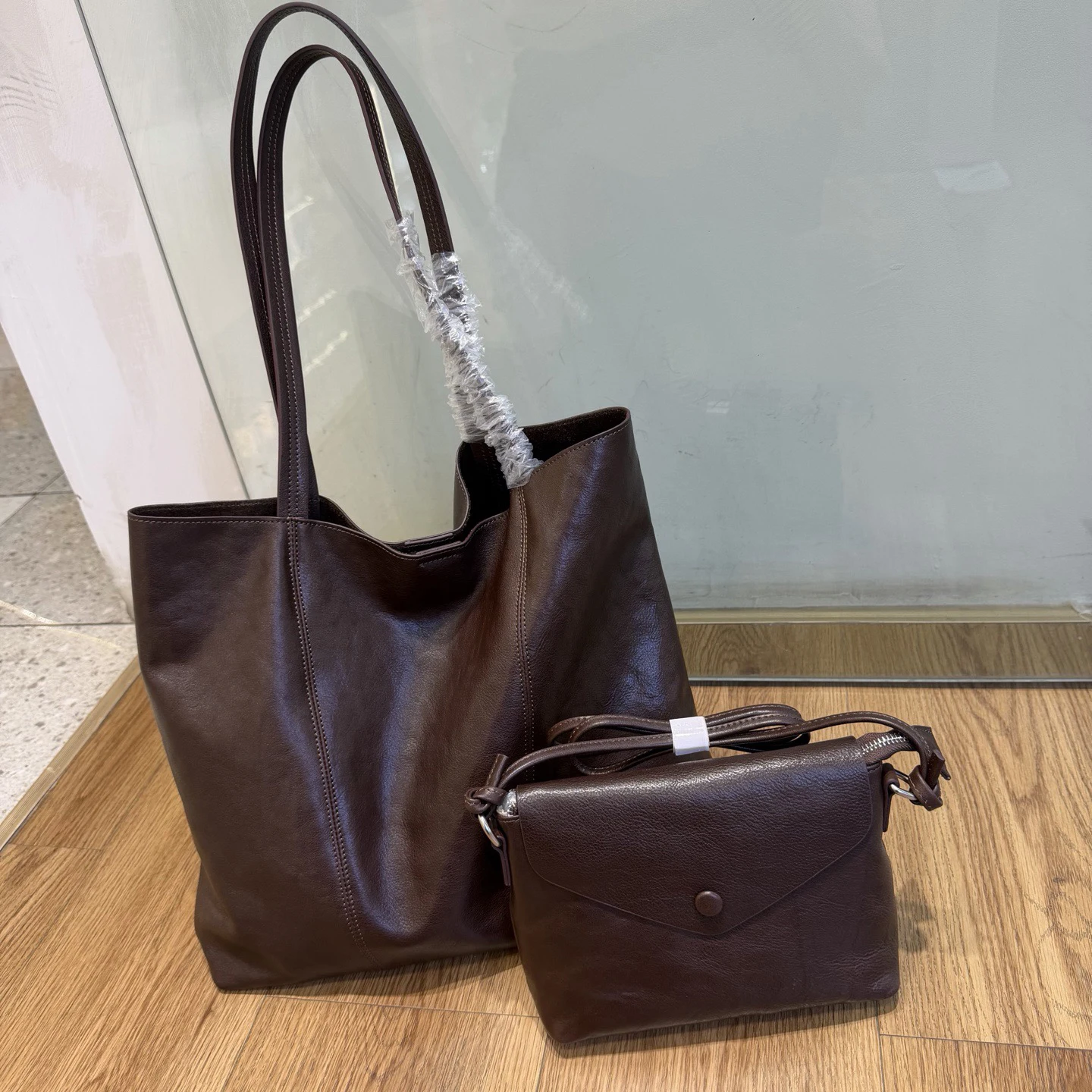 Genuine Vegetable Tanned Leather Tote Bag Women Large Capacity Shoulder Shopper Purse With Pouch Top-Grain Cowhide