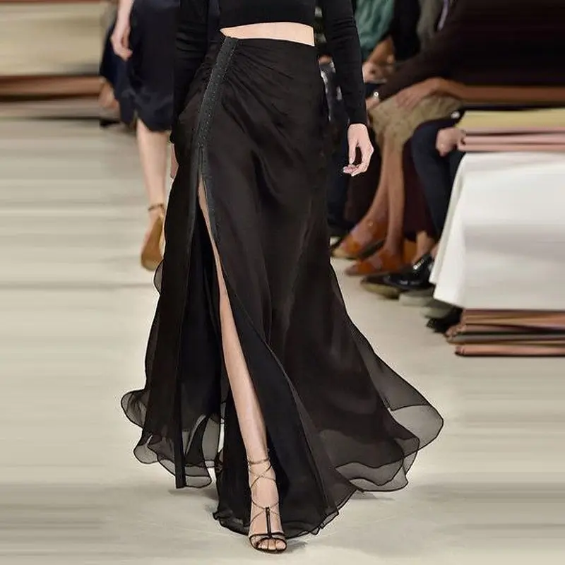 

Fashionable Women's Half Skirt with Double-sided Slits Medium Length Skirt High Waist Elegant Korean Black Half Skirt P664