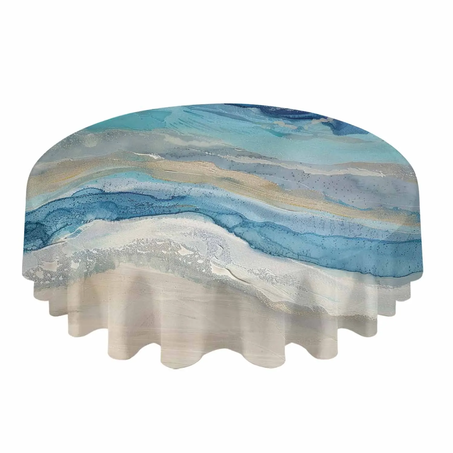 Ocean Waves Beach Gradient Abstract Blue Waterproof Tablecloth Tea Table Decoration Round Table Cover For Kitchen Wedding Home