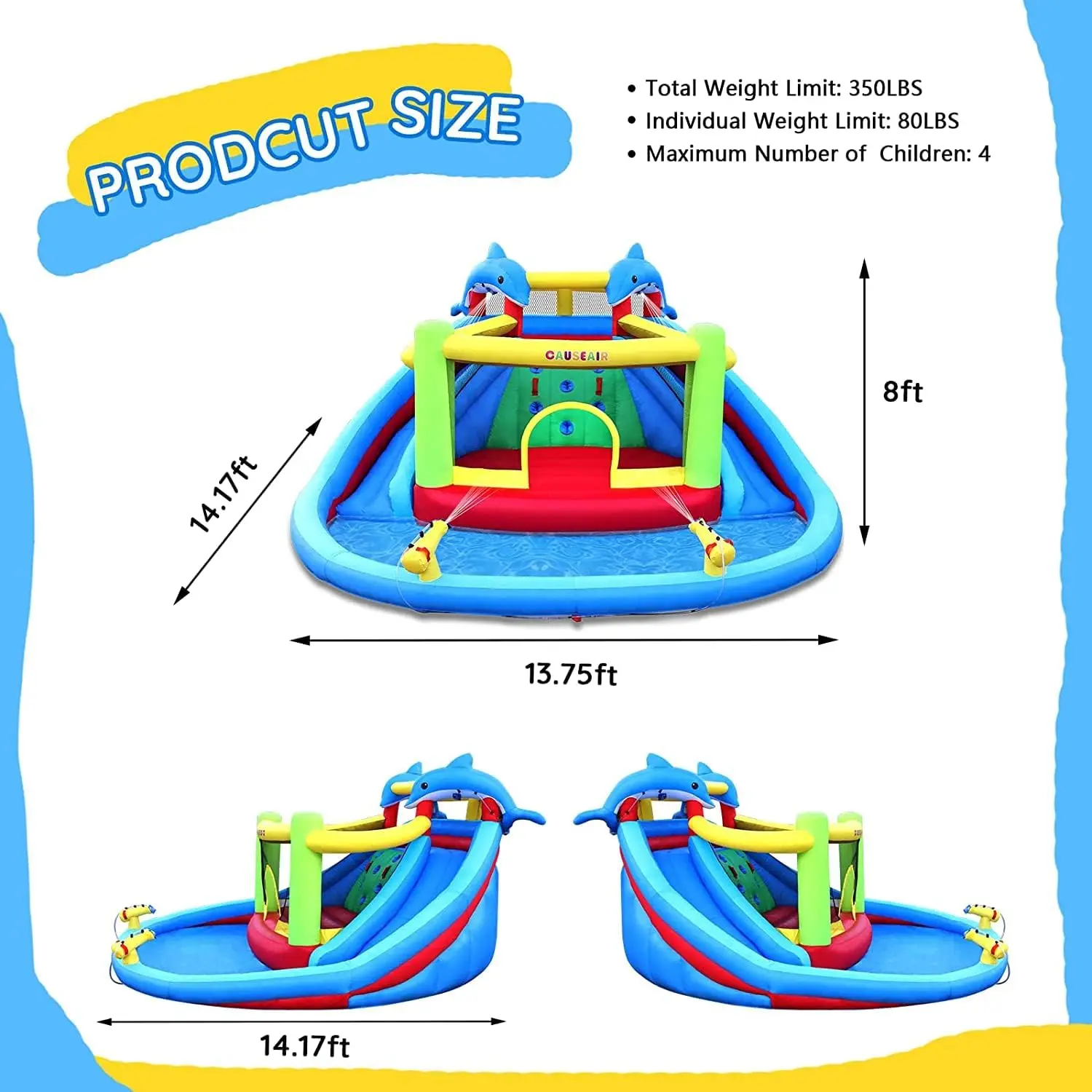 Scivolo d'acqua con casa di rimbalzo, styling del delfino, piscina per spruzzi, doppio cannone ad acqua, parete per arrampicata, ventilatore per carichi pesanti