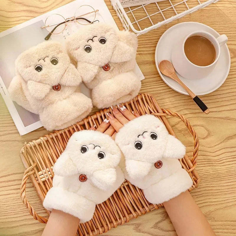 1/2/3pairs Warm Gloves for Women Autumn and Winter Cute Cycling Korean Style Trendy Cartoon Fleece-Lined Thickened Writing Warm