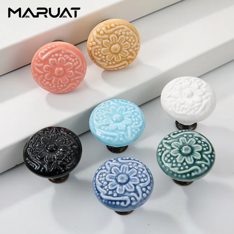 Ceramic Cabinet Handles Patterned Bedroom Drawer Handle Single Hole Drawers Knobs Rural Kitchen Cabinet Pulls Furniture Handles