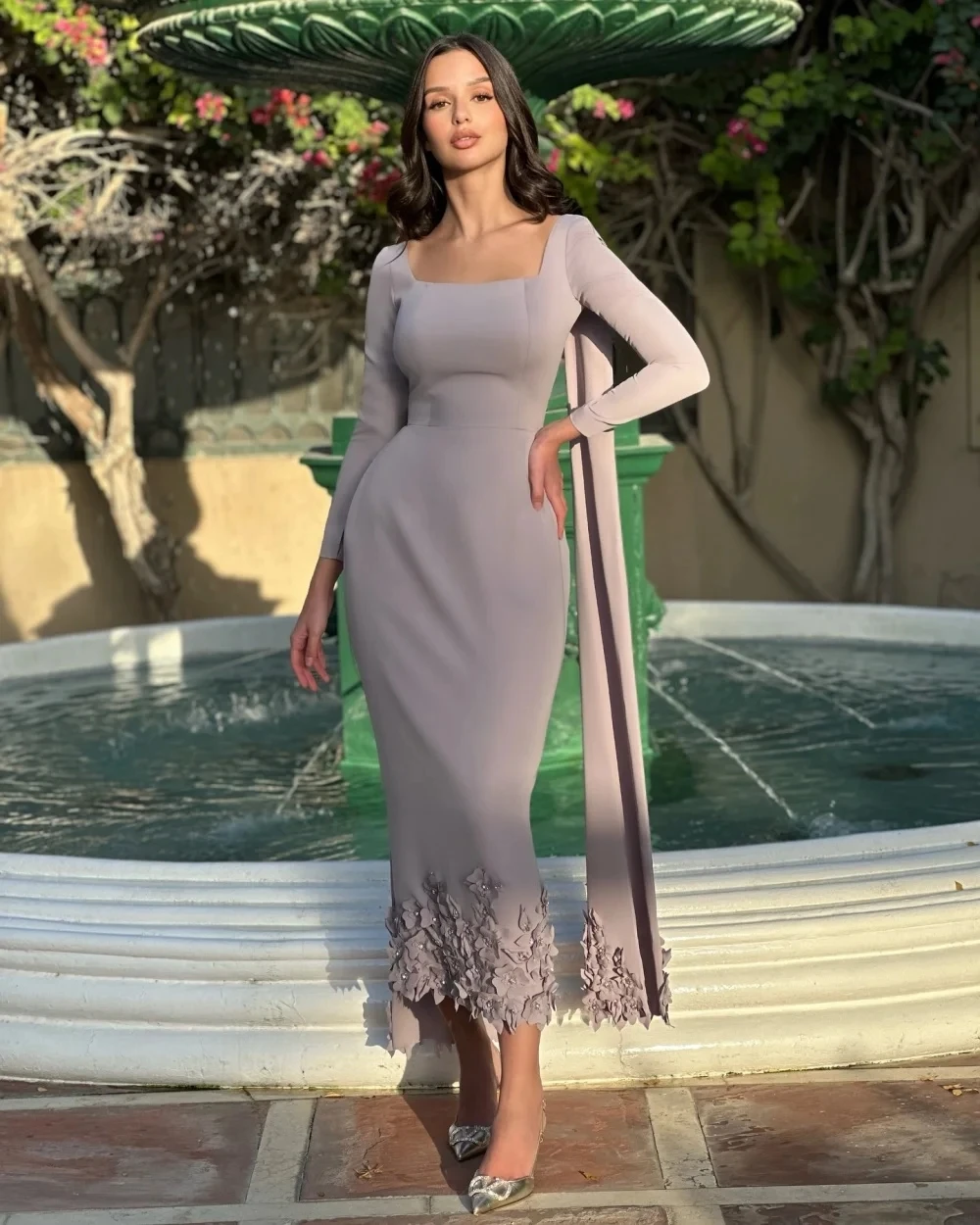 

Floral Long Sleeves Bespoke Occasion Gown Evening Dresses Pastrol Unisex Jersey Retro Dubai Saudi Arabic Prom Customized