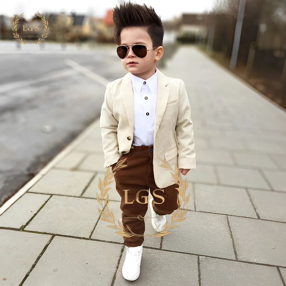 

Little boy's linen blazer and brown trousers 2-piece set - suitable for vacation travel custom casual suit