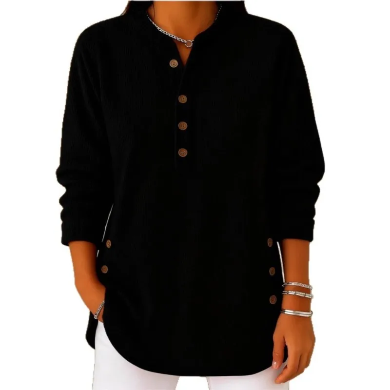 Casual Loose Blusas Long Sleeve Top T Shirt Tees Pullover Solid Color Simple Style All-match Button V-link Commuting Temperament