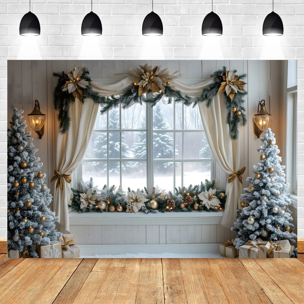 Winter Christmas Photography Backdrop Snow Window Curtain Christmas Tree Kids Family Party Portrait Decoration Photo Background