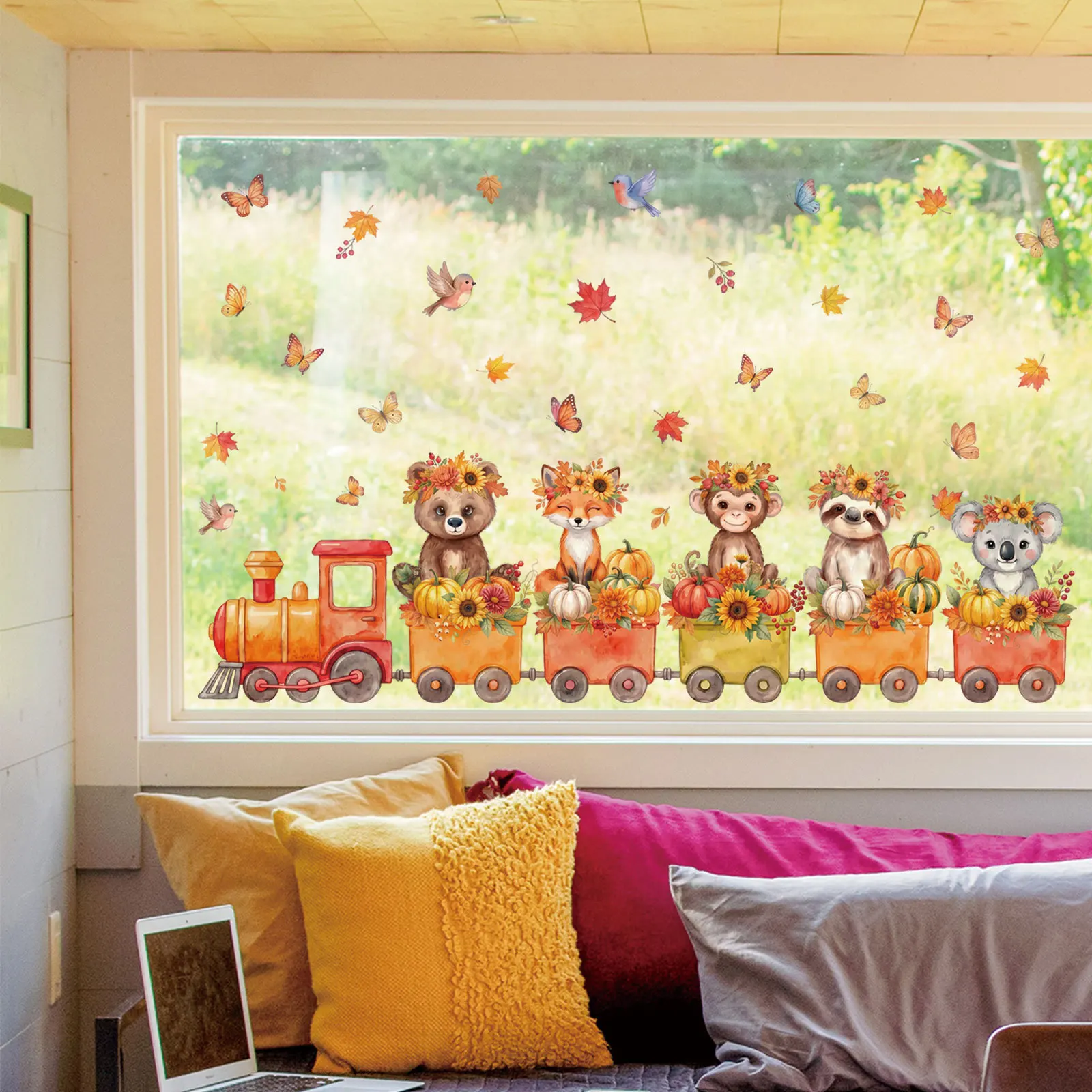 Fall-Oriented Train Window Decoration Featuring Pumpkins Butterflies and Sunflowers for Temporary Glass Application