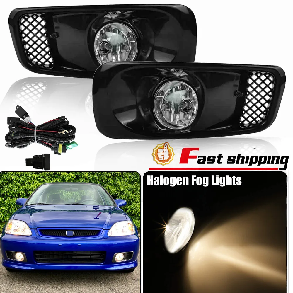 

Pair Fog Lights Fit 1999 2000 Honda Civic Clear Lens Chrome Housing DRL Lamp Kit