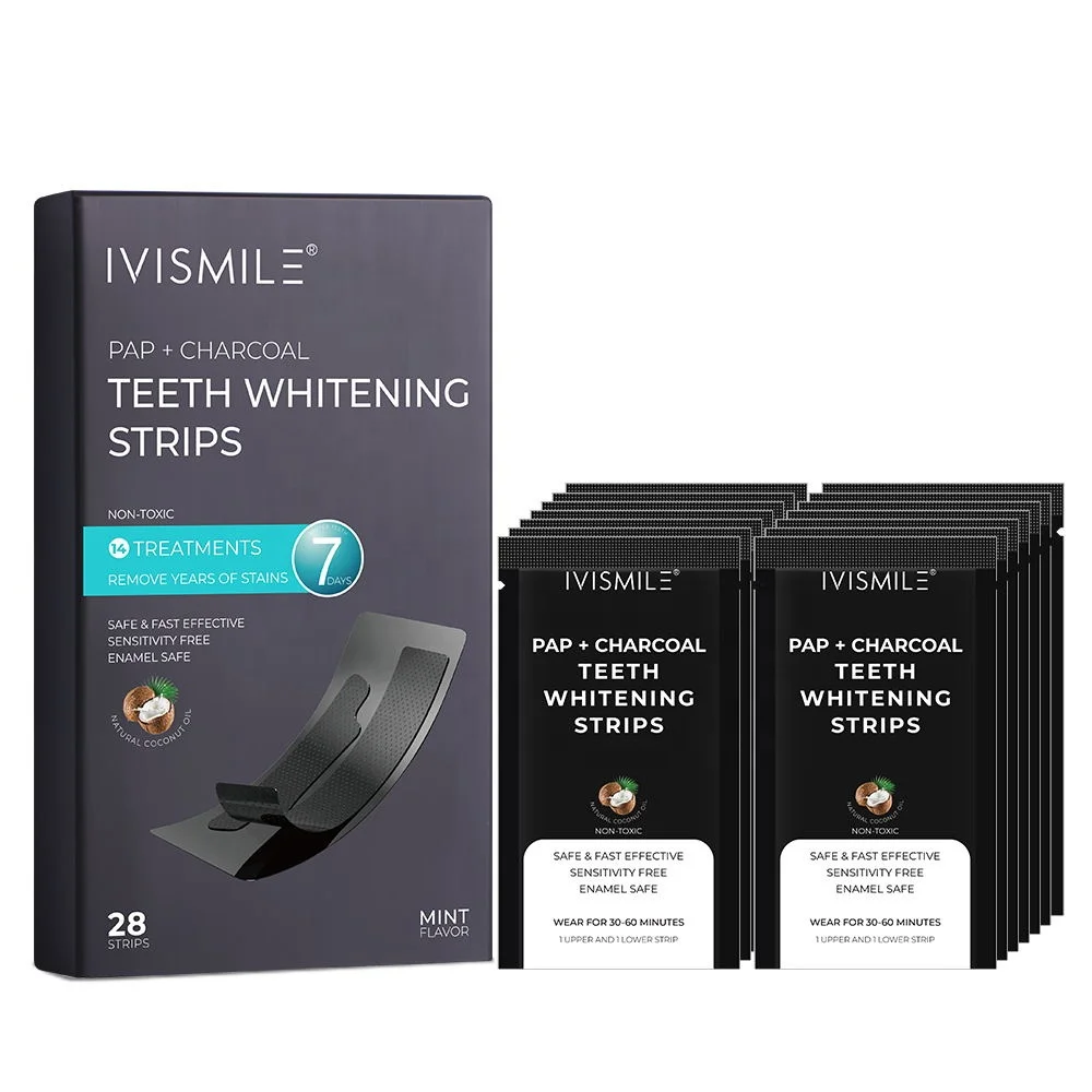 14 sachets/28 pieces in a box, MOQ 5 boxes of 7 Days Care Brightening Patches Charcoal Coconut Oil Peroxide-Free Sensitive Teeth