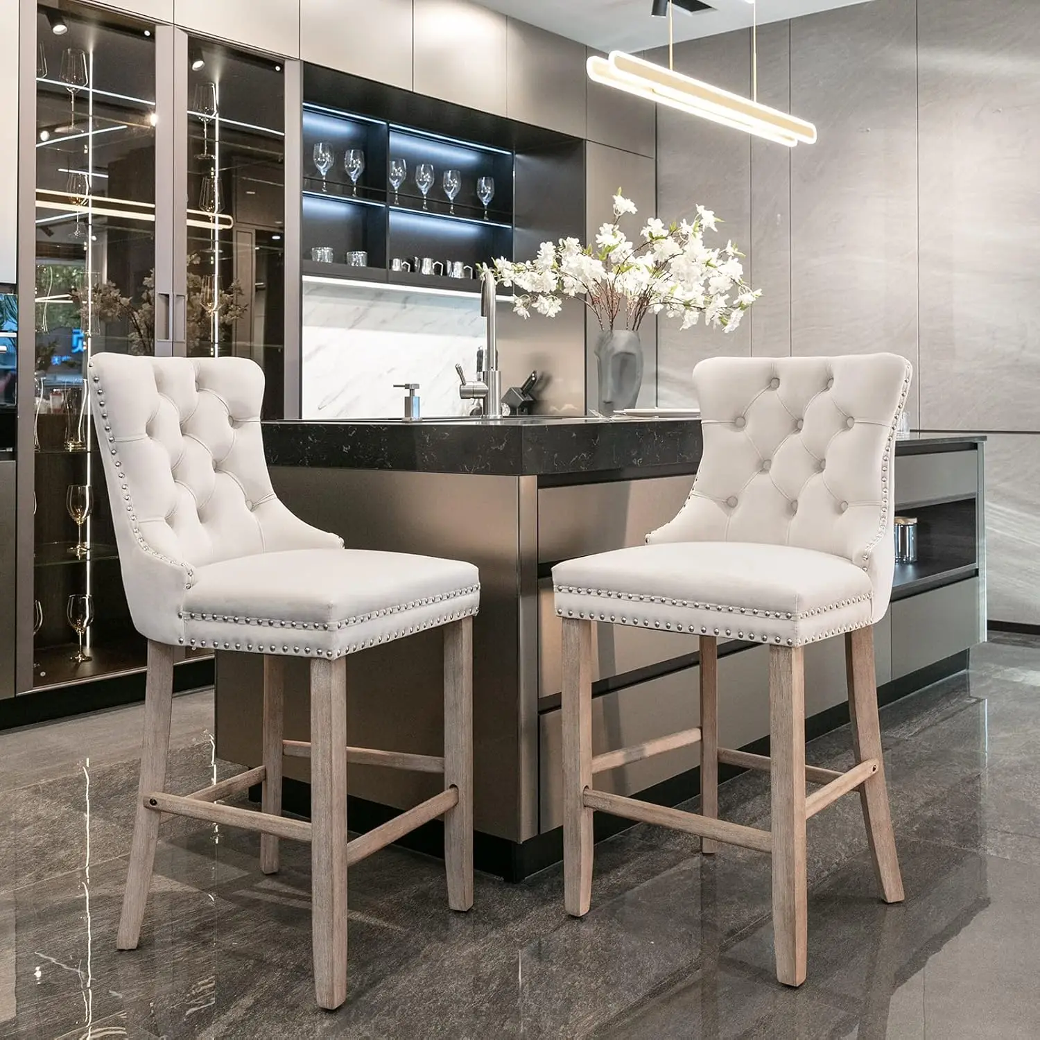 

Набор из 2 барных стульев для барной стойки, с ножками из массива дерева, со спинкой, сиденье 26,3 дюйма, обивка из вельвета, на заказ