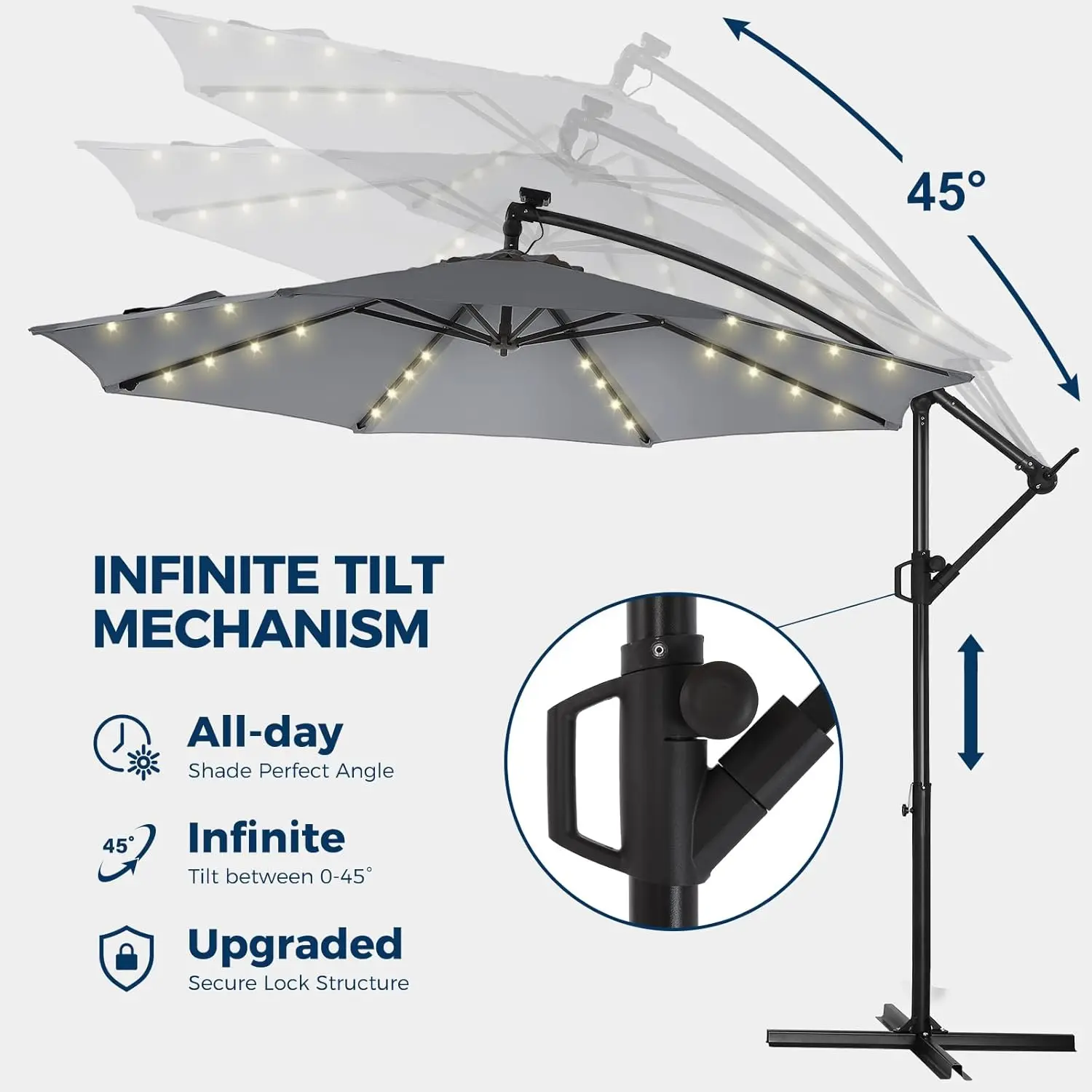 Parapluie en porte-à-faux décalé avec lumière et base, lumières solaires à LED, parapluie de marché extérieur, 10 pieds