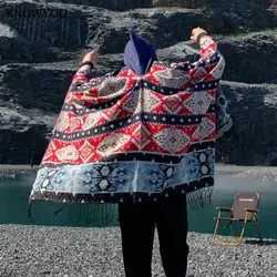 Man Print Ponchos Tassel Thickened Cashmere Blend Fork Shawl Hooded Warmth Scarf Autumn Capes Coats Adult Triangle Jacket