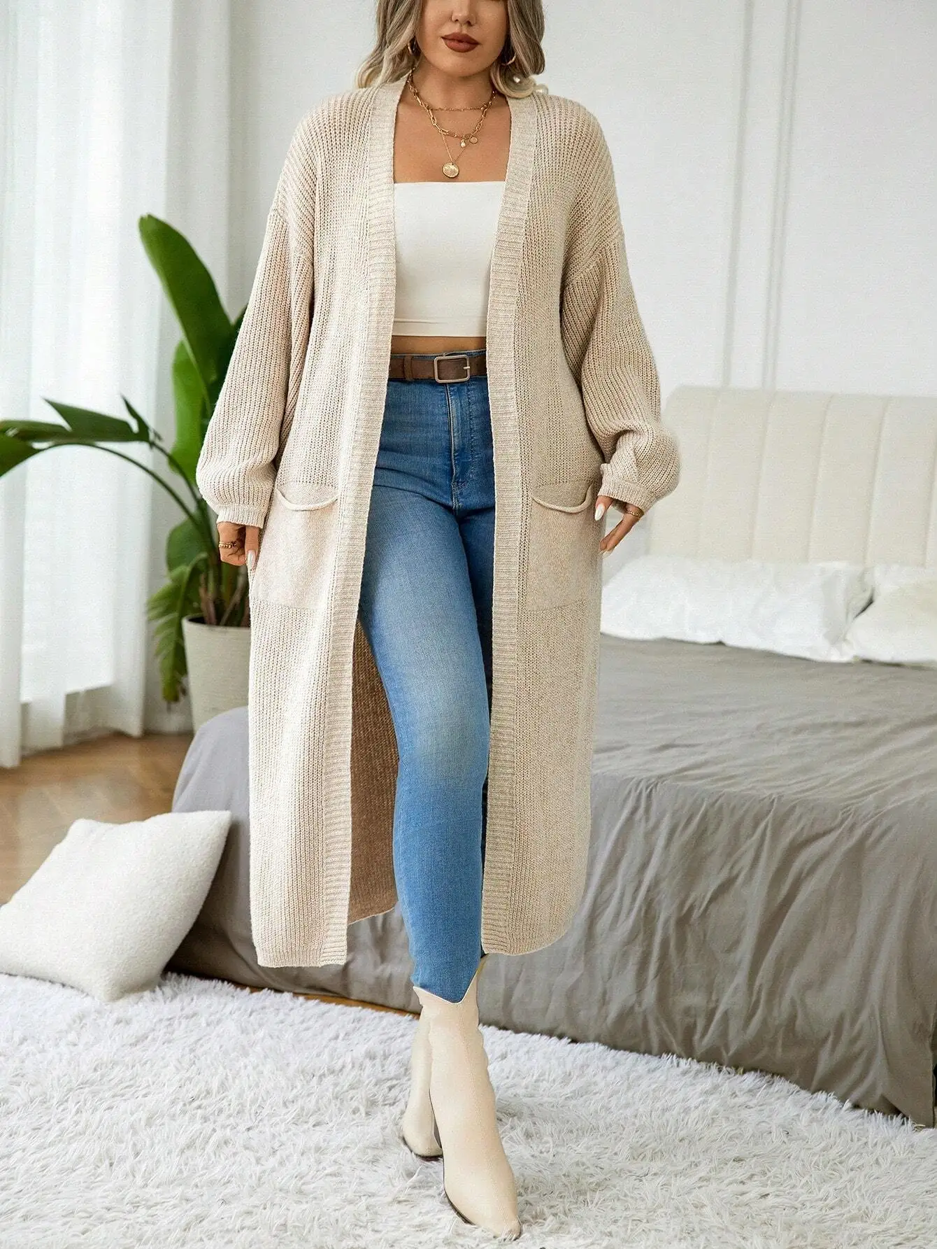 

Plus Size Women Solid Color Drop Shoulder Long Sleeve Pocket Loose Casual Long Cardigan Autumn Winter