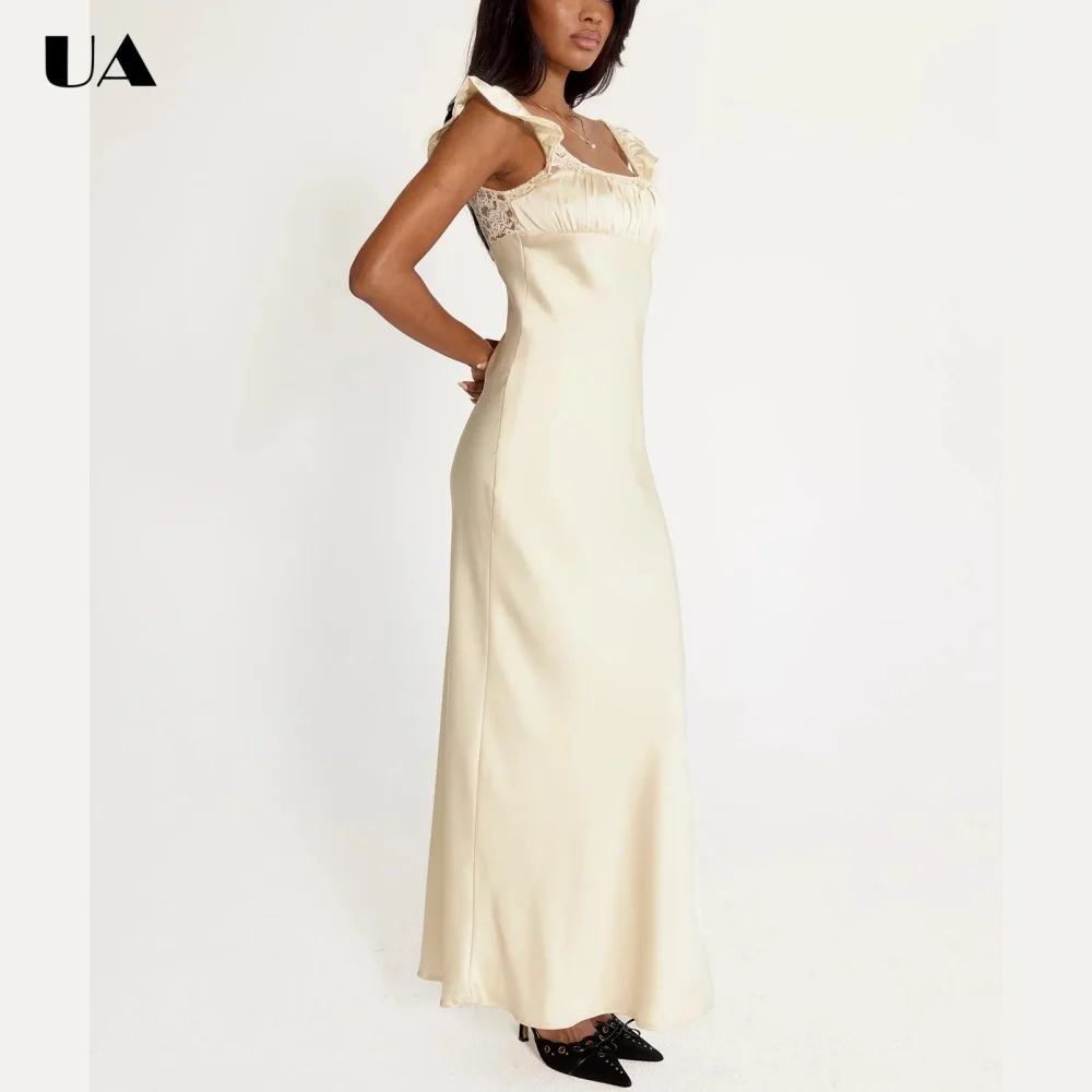 ULBYANRY Elegant Satin Slim Fit Party Dress, Sexy Lace Flying Sleeve Evening Dress, Customized Backless Wedding Guest Dress