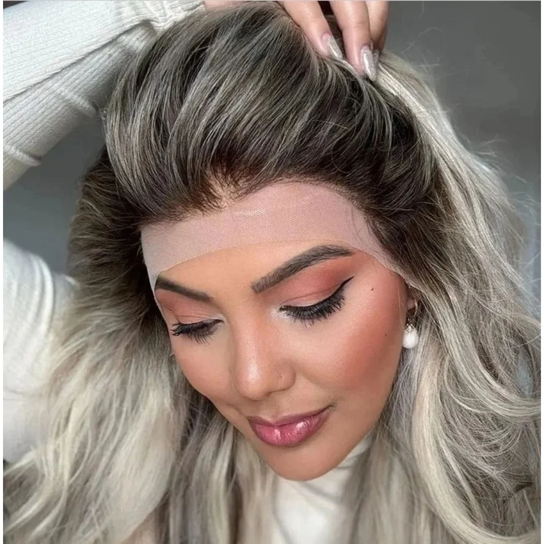 New Style Ash Platinum Blonde Synthetic Wigs On Clearance Sale Long Length Body Wave HD Transparent Lace Wigs High Density Fiber