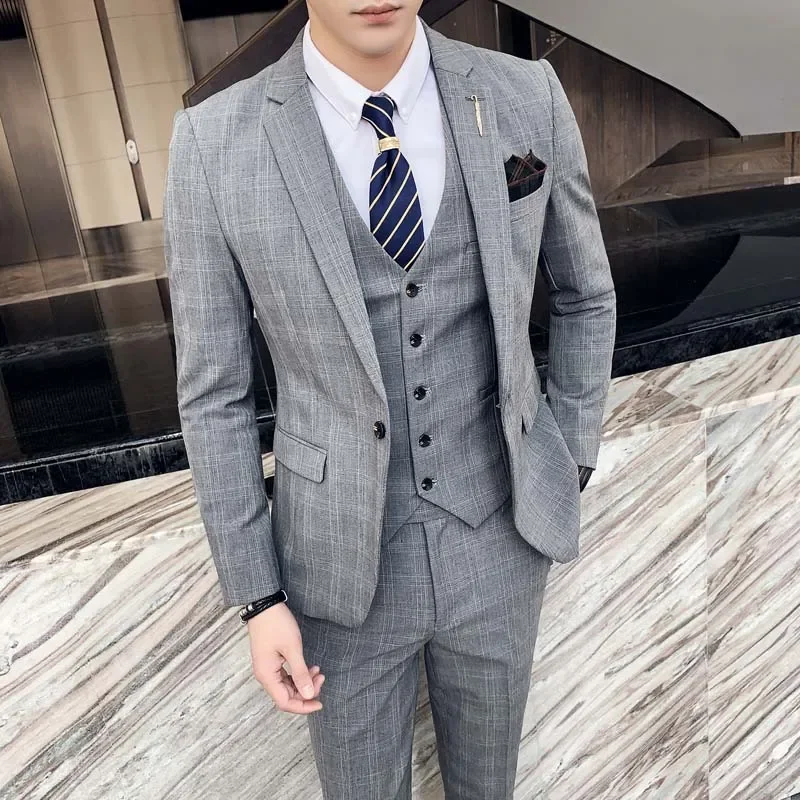 New Fashion Suit Suit Men\'s Suit Three-piece British Casual Business Wedding Dress Slim Groom Trend  Blazers Costume Homme