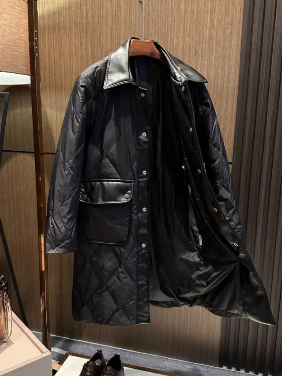 High-end business atmosphere, leather splicing medium and long solid color lapel down trench coat down jacket