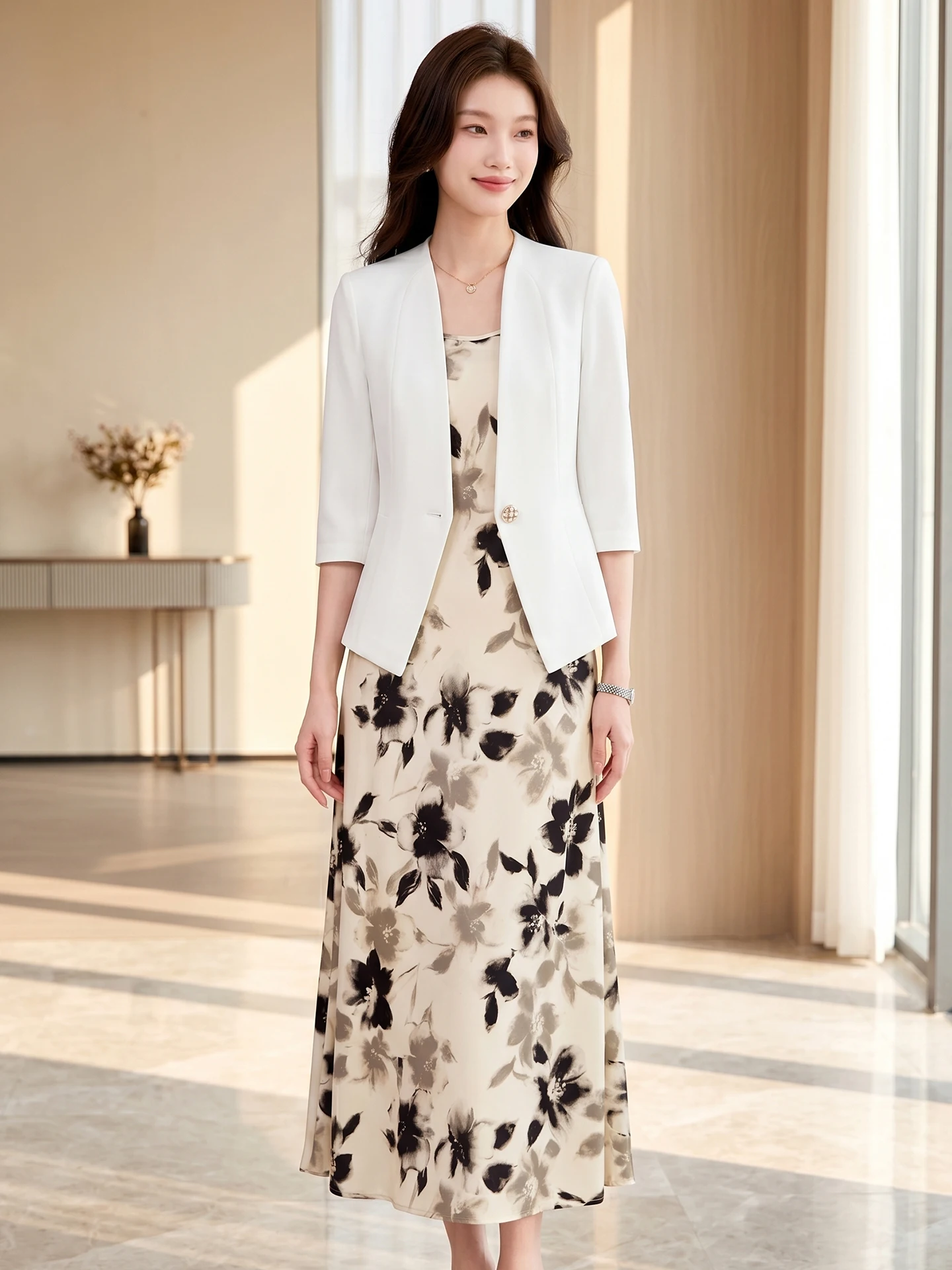 

Women's Seven-Quarter Sleeve Neckless Suit Jacket Dress Two-Piece Set Spring Slim Commute Elegance White Suiting Ensemble