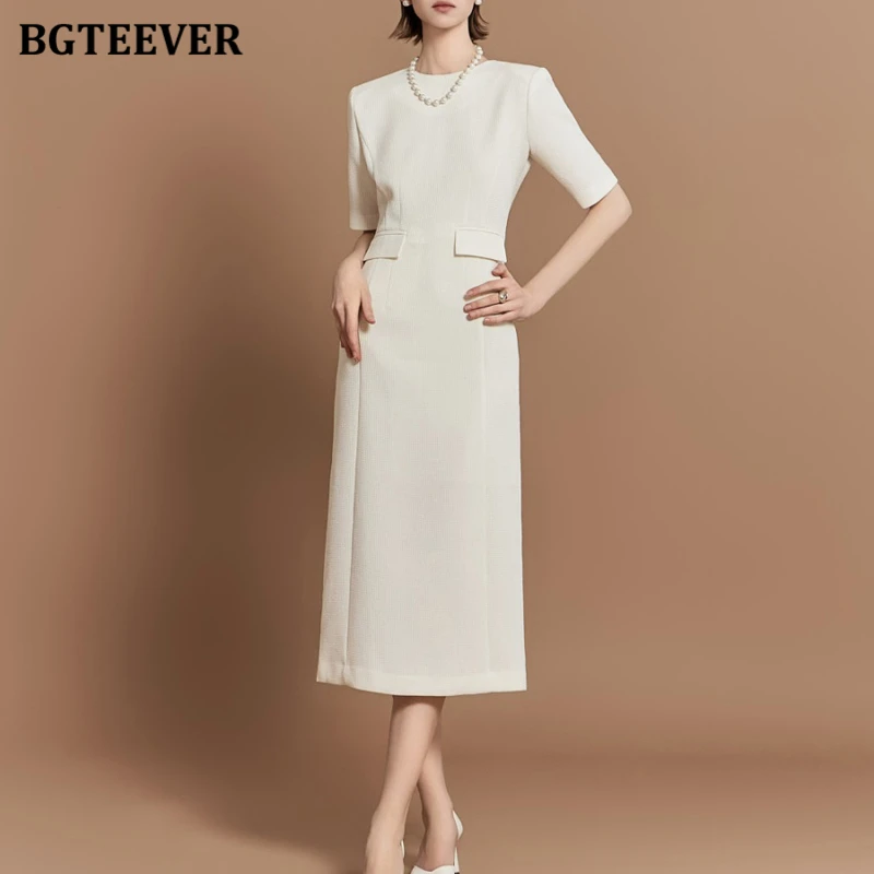 BGTEEVER Spring Summer O-neck Short Sleeve Female Dress Elegant Slim Waist Women Dress Ladies Vestidos