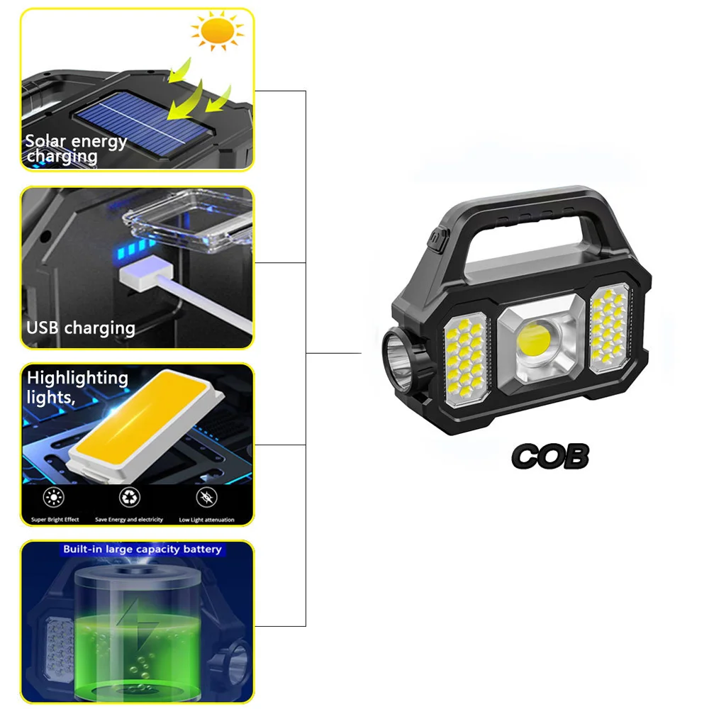 Solar Rechargeable Flashlights Camping Work Light Multi Functional Portable Light Waterproof COB LED 6 Lighting Modes