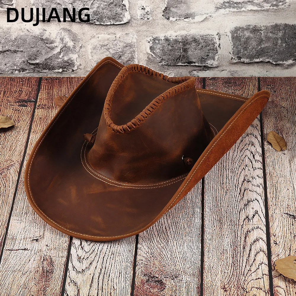Fashion Genuine Leather Western Cowboy Hat, Cowhide Knight Cap, Outdoor Sun Protection Shade Hat for Men