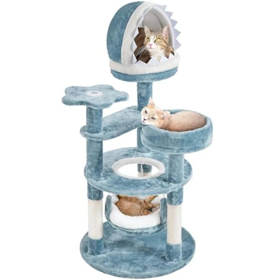 

45.5in Ocean-Themed Multi-Level Cat Tree with Plush Fabric Blue and White Color Shark's Mouth Nest Sea Star Perch Jellyfish Ham