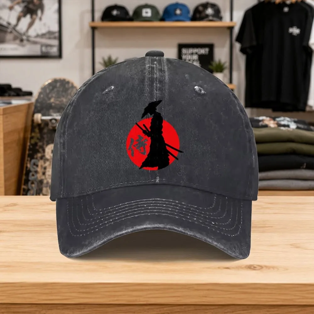 Samurai Red Sun Pattern Washed Baseball Cap Unisex Cotton Outdoor Casual Hat for Daily Wear