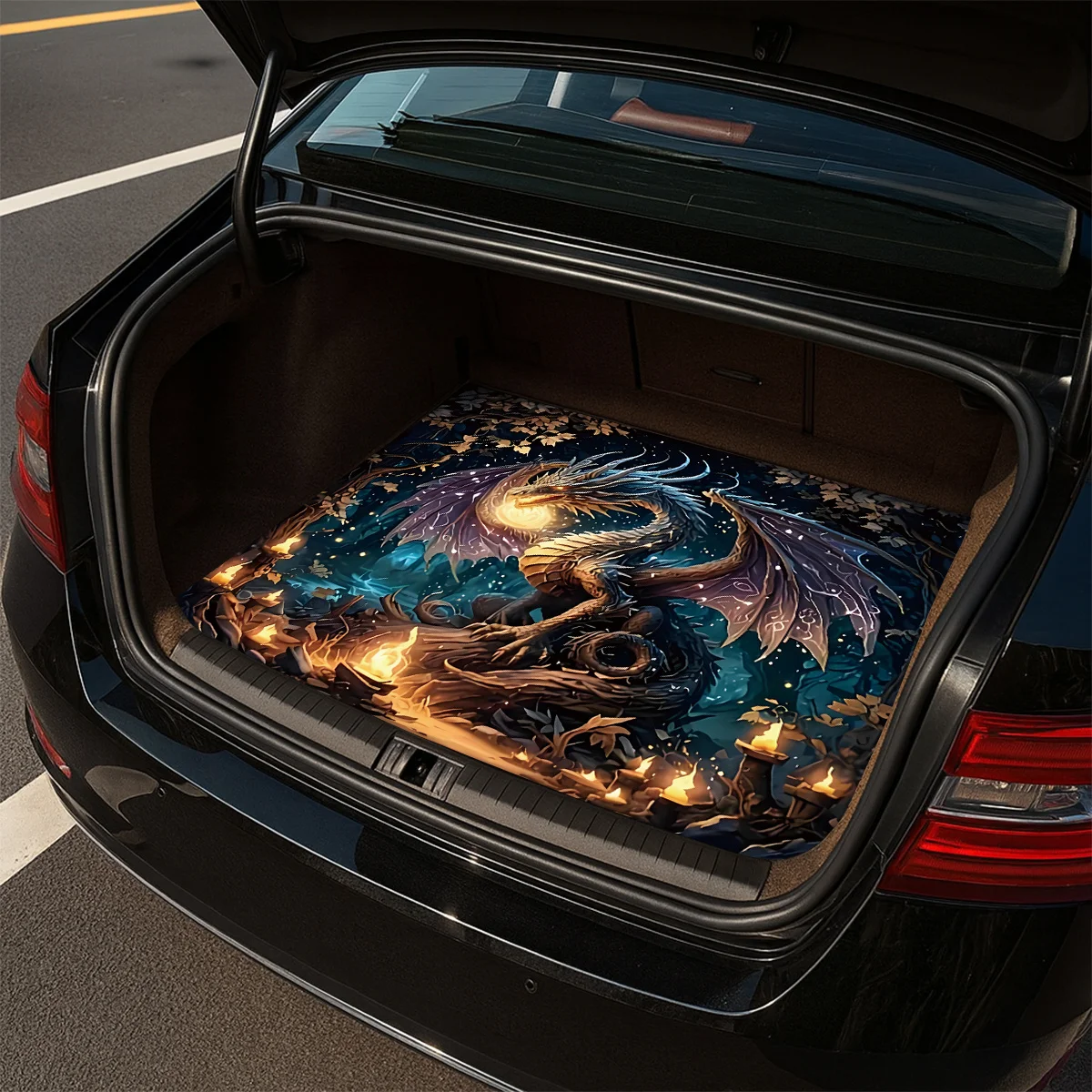 1pc Universally Applicable Car Trunk Mat With Fantasy Fire Dragon Starry Sky Design, Durable Polyester Cargo Liner, Non-Slip, Ke