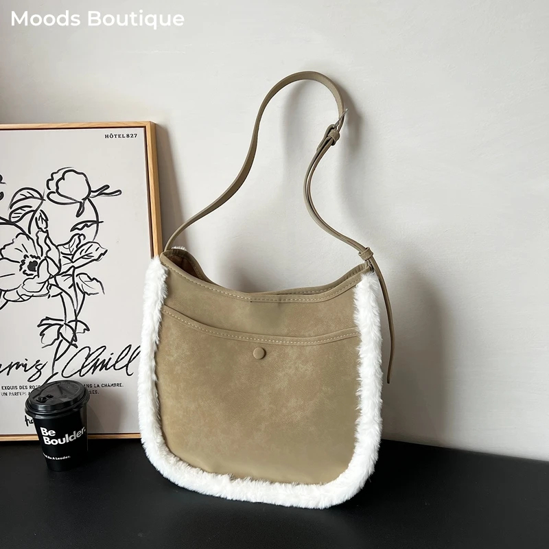 

2025 Winter Latest Fashion Tote Bags For Women Pure Color Suede Plush Decor Shoulder Crossbody Bag Large Capacity Shopper Totes