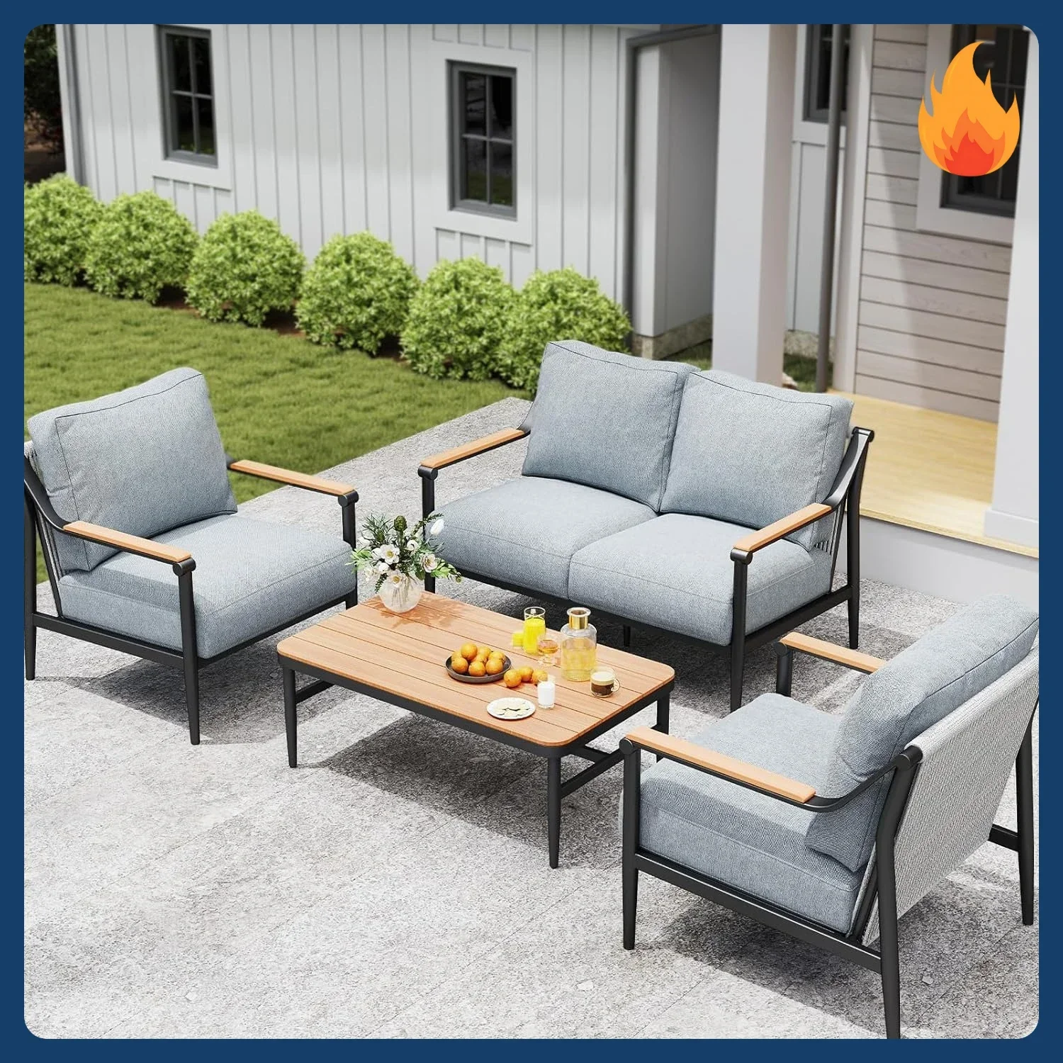 

Bestseller[New Arrival!]4 Pieces Outdoor Sofa Conversation Set, 4 Seats Couch Set with Table, Metal Frame Rope Weaving Design UV