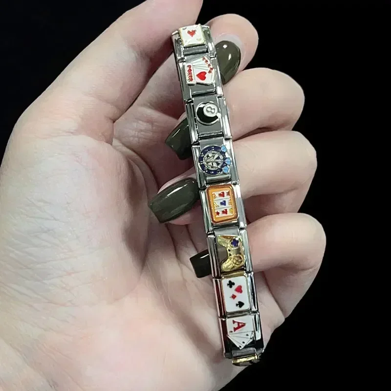 Italian Stainless Steel Charm Bracelet Splicing 9mm Module DIY Parts Cool Chess Card Recreation for Men Custom Jewelry Chains