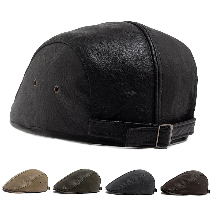 

Fashion PU Leather Men Beret Spring Autumn Soft Top Women's Hat Vintage Newsboy Caps Visor Cap Front Back Wear Unisex Berets