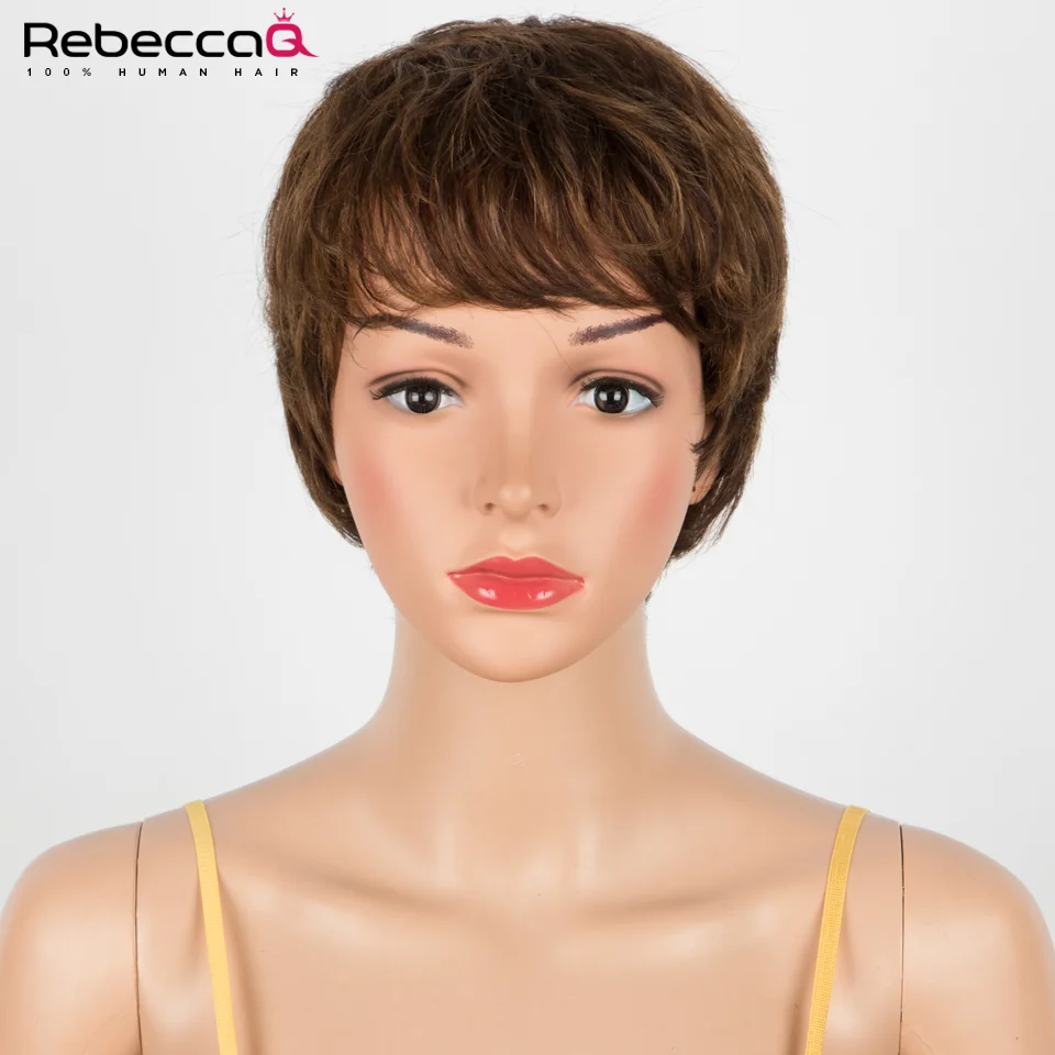 Wholesale Highlight Short Pixie Human Hair Wigs Glueless Wear and go Wig with Bangs Human Hair Wigs for Women Cheap Remy Wig