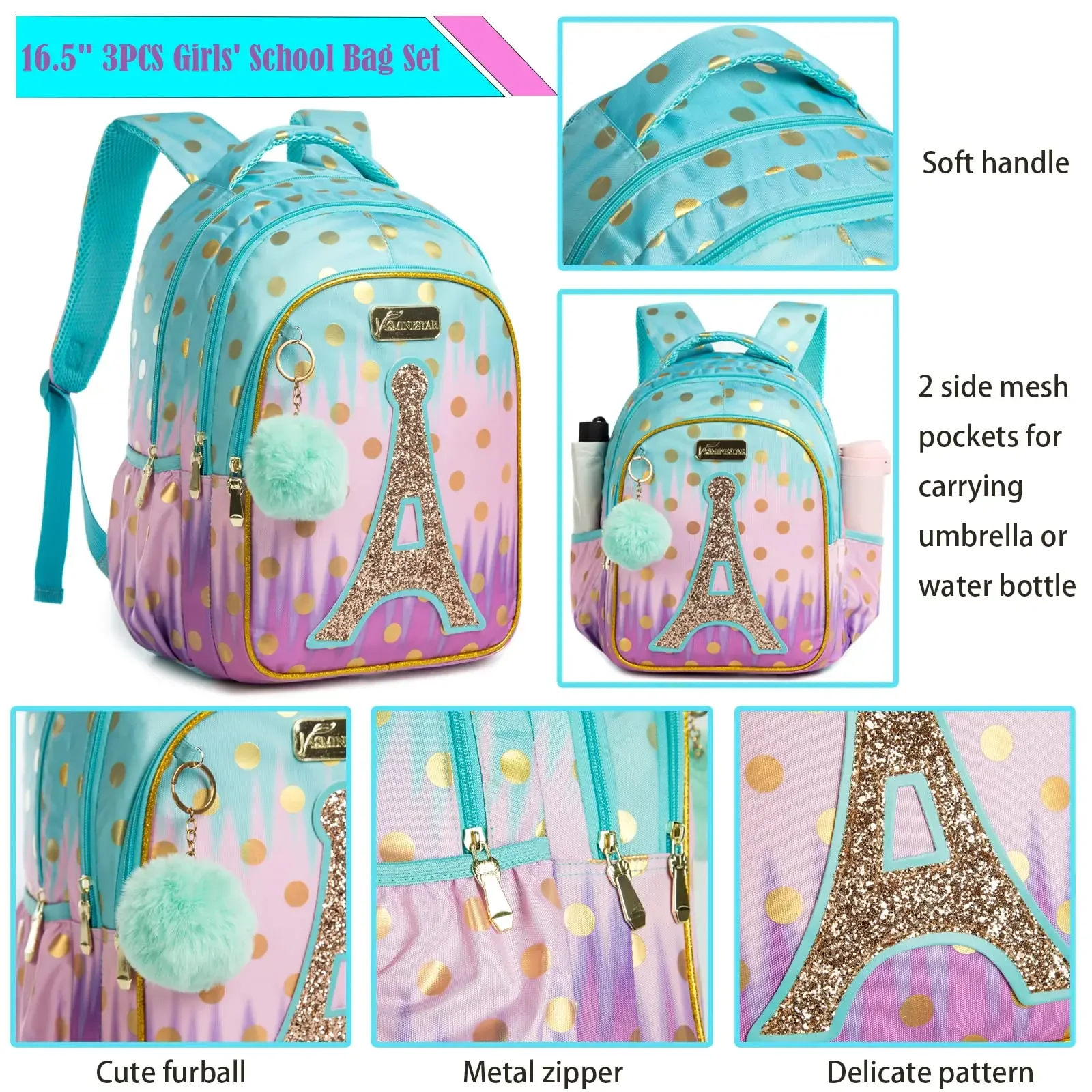 Children School Bags Kids Backpack Set in Primary Schoolbag for Teenager Girls Sequin Tower School Bags Waterproof Book Bags