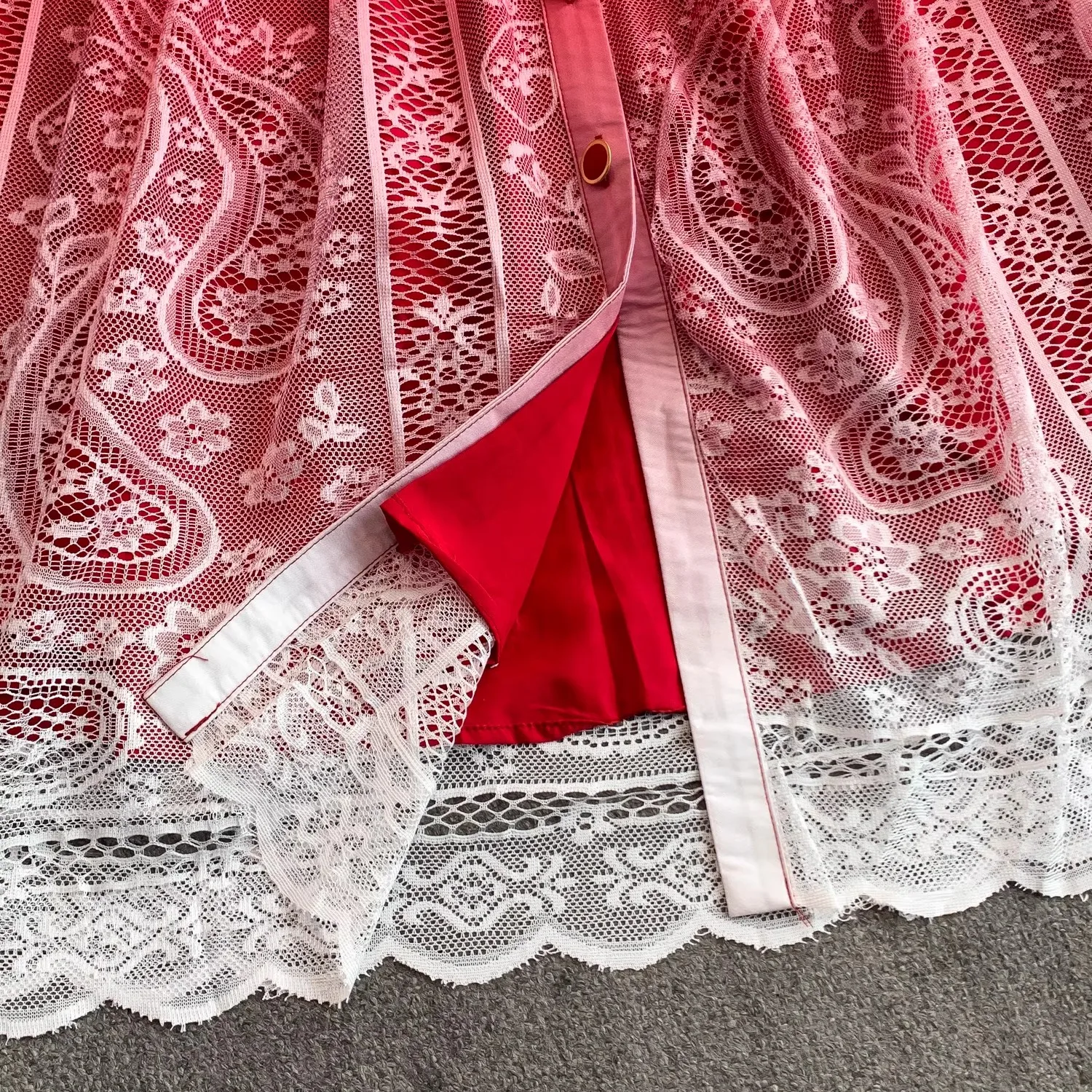 Autumn French Women's Dress Lace Embroidery V-Neck Beading Long Lantern Sleeves Single Breasted Belt Party Birthday Maxi Robes