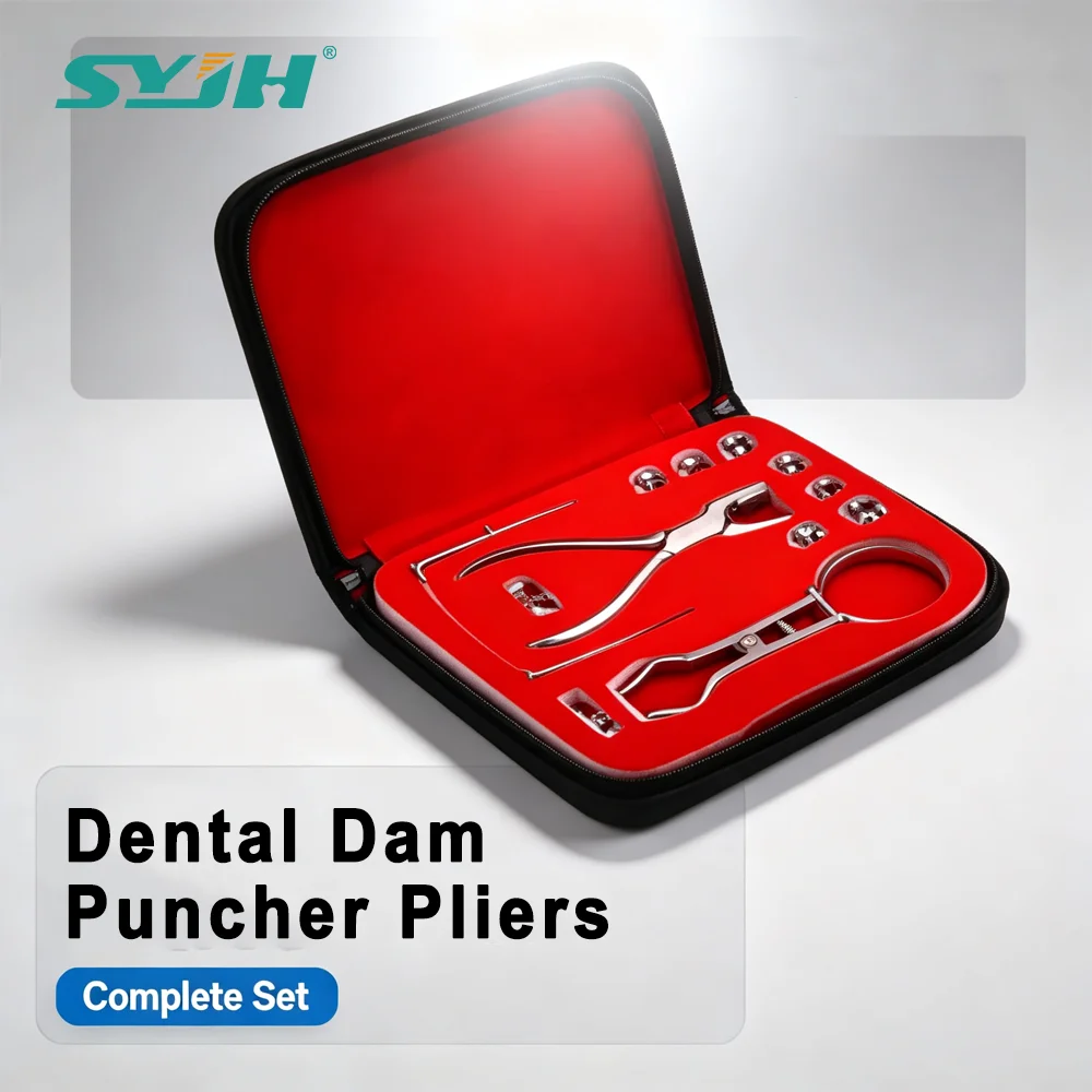 SYJH Dental Rubber Dam Punch Pliers Set with Leather Bag Dam Clip Frame Orthodontic Dentist Clinic Lab Instruments Equipment Kit