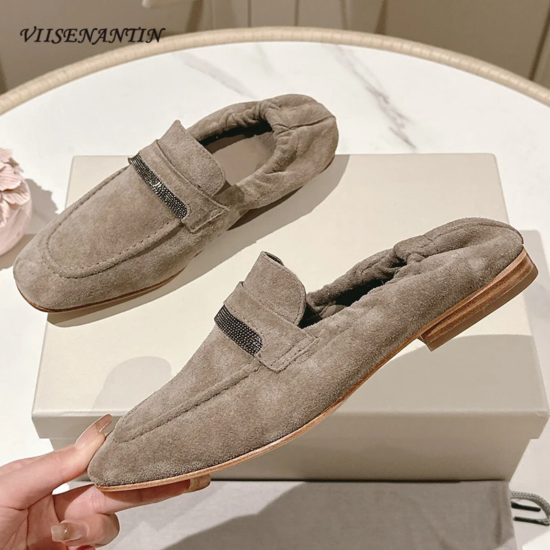 

2024 Autumn New Suede Leather Loafers Shoes Women Btring Bead Round Toe Elastic Band Leisure Style Comfort Walking Shoes Females