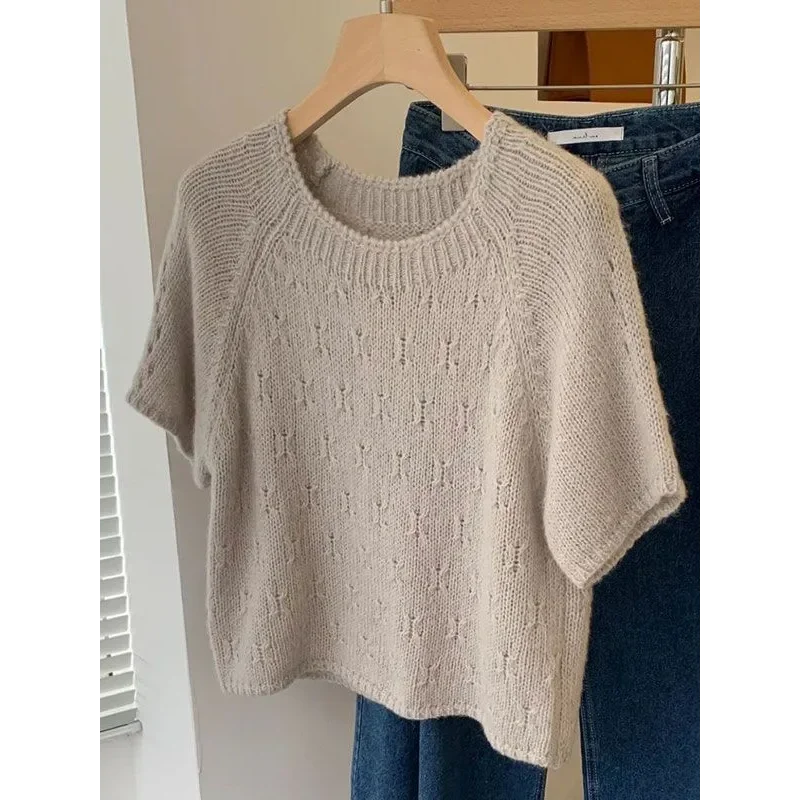 Summer All Match Korean Style Simple Daily Short Sleeved Chic Unique Commuting Western-style Knitted Sweater Top for Women