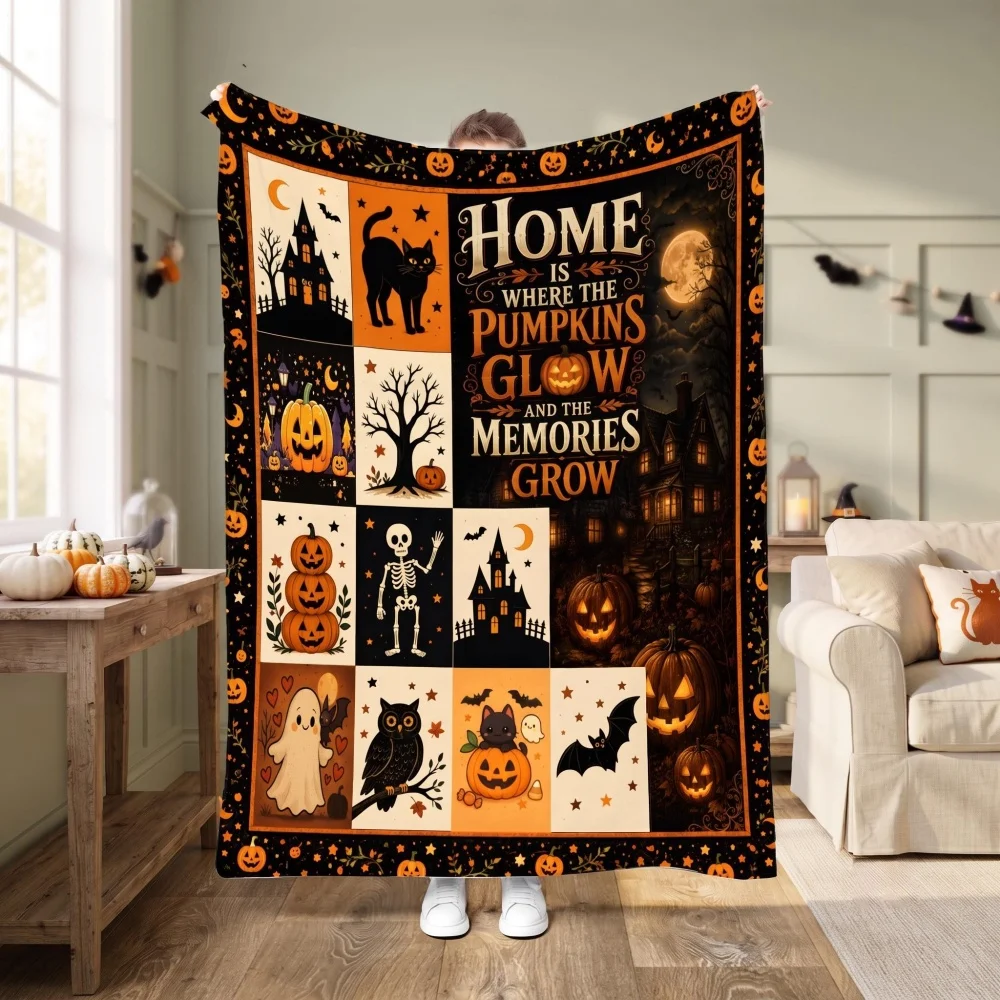 Halloween Patchwork Throw Blanket Fleece Pumpkin Black Cat Skeleton Ghost Bat Haunted House Sofa Bed Holiday Decor Gift