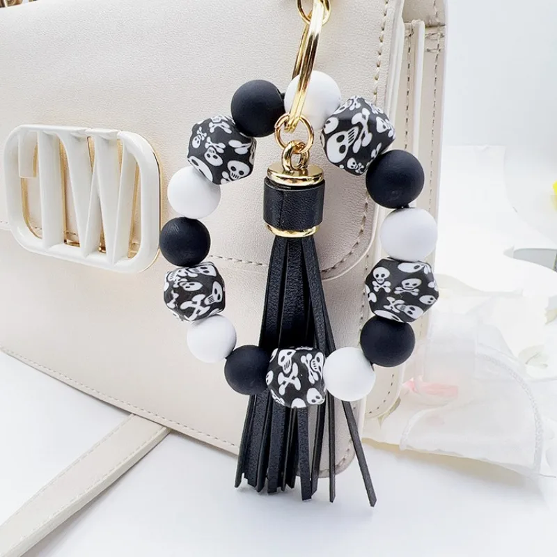 1pc Silicone Leopard Print Beaded Tassel Car Keychain Key Ring,  Fashion Bracelet Accessories Women\'s Bag Pendant Accessories