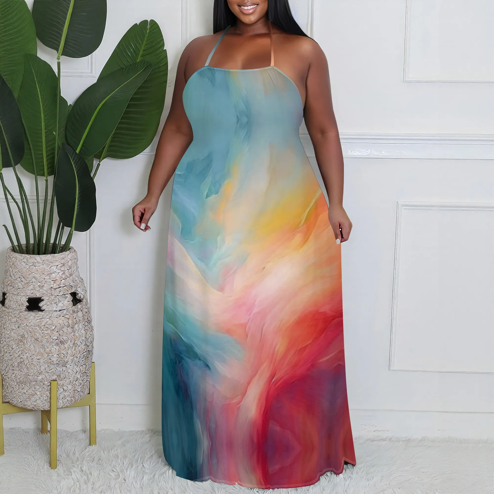 

Colorful Gradient Print Plus Size Dress XL‑6XL Halter Neck Sleeveless Maxi Style for Beach Vacation, Brunch or Summer Party