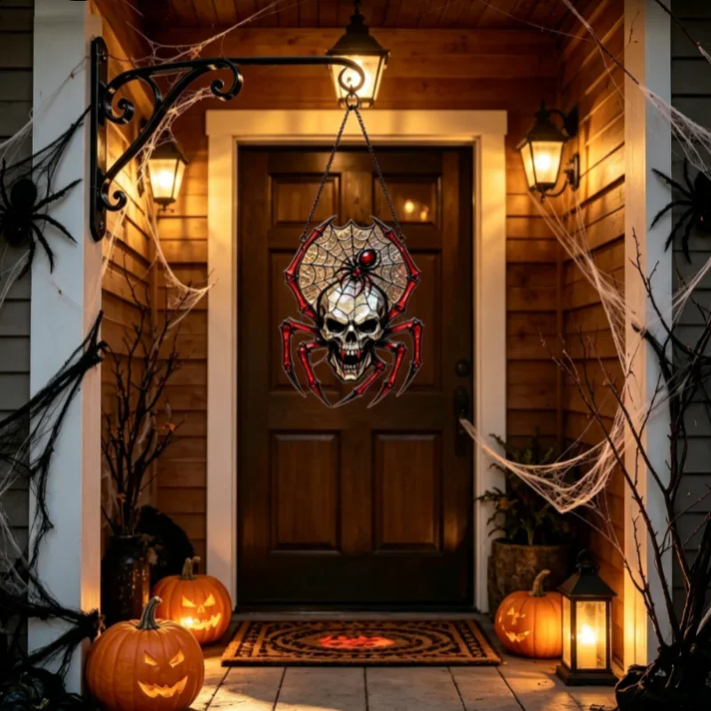 Gothic Skull Spider Web Hanging Sign Stained Glass Effect Halloween Window Door Wall Hanging Decoration For Horror Party