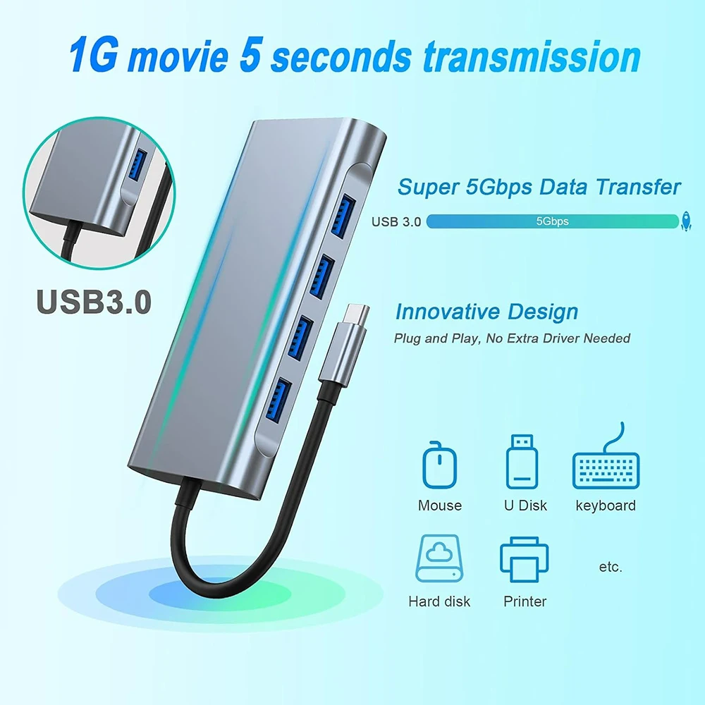 Obrázek 6: 11-in-1 USB C náboje blesk 3čepel notebook dokovací nádraží s 100mbps ethernetový, 4K UHD, vga, 3.5mm, USB, PD100W, TF/SD karta čtečka