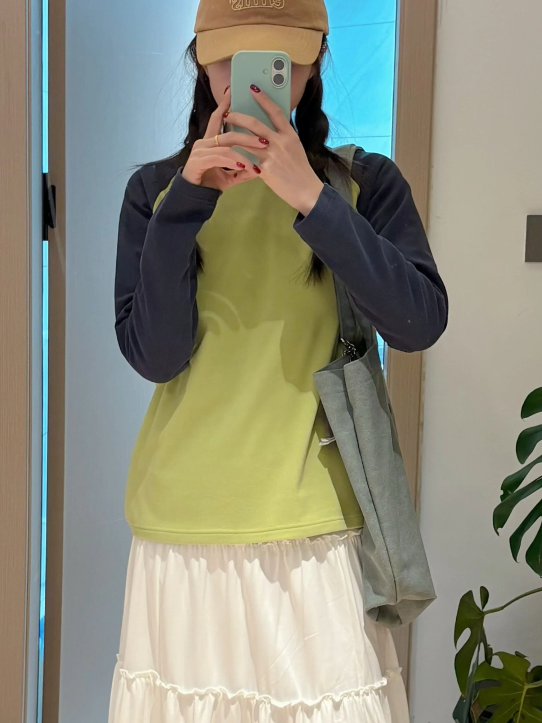 

Женская теплая флисовая футболка с длинным рукавом и круглым вырезом в стиле ретро, свободного кроя, с контрастными вставками, повседневная базовая модель