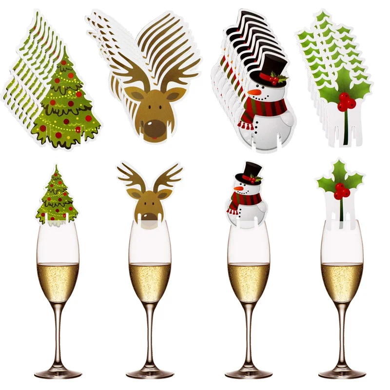 10PCS Christmas Cup Card Santa Hat Wine Glass Decor Ornaments Navidad Noel New Year Gift Christmas Decorations